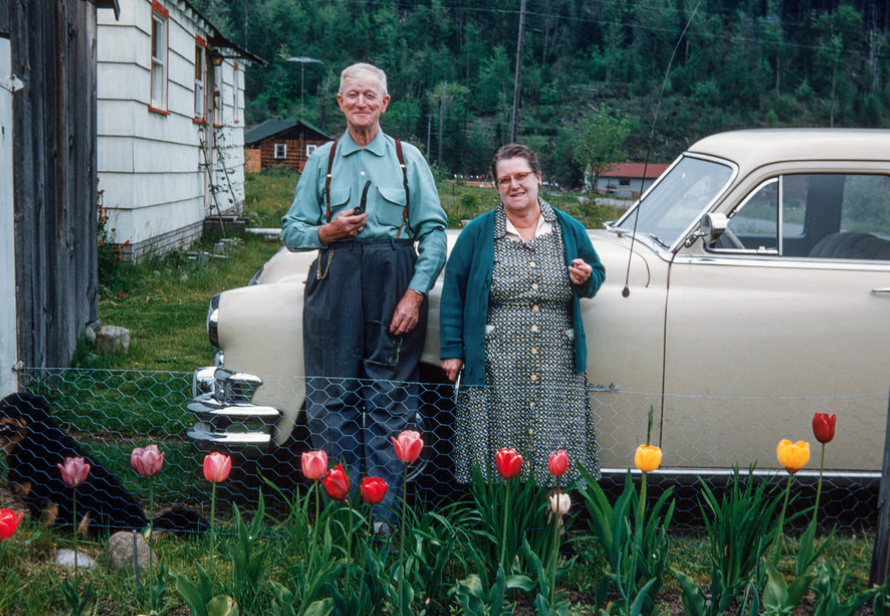 Older couple leaning against old off-white car. Grandpa is holding a pipe. There are tulips in various colors in front of them.